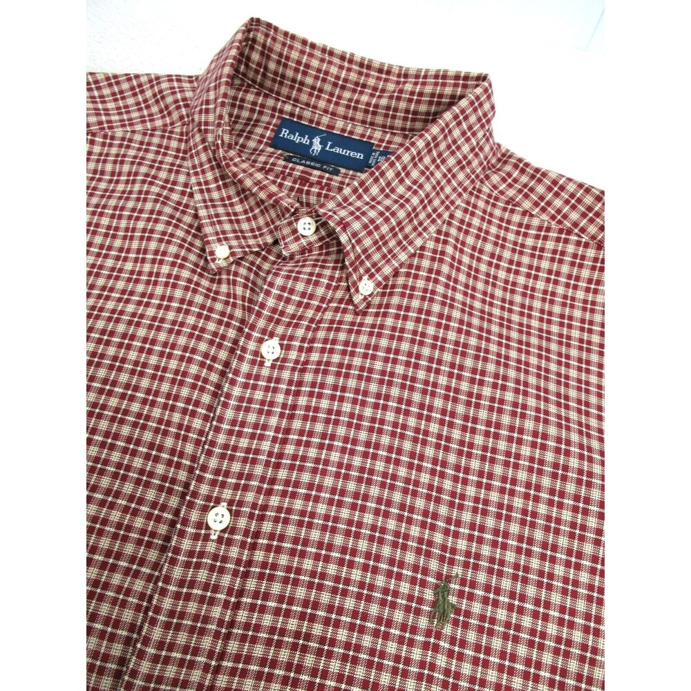 Ralph Lauren Men's 18 XXL 2XL Classic Fit Long Slv Shirt Plaid Red Buttoned Down